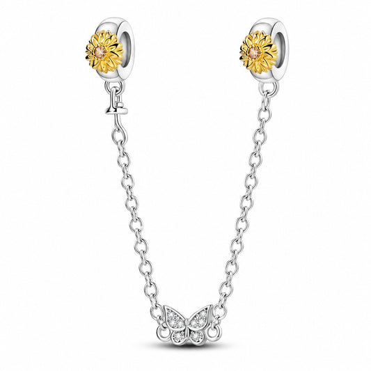 Sunflower and Butterfly Safety Chain Sterling Silver Charm Hallmarked S925 for Charm Bracelet and Necklace