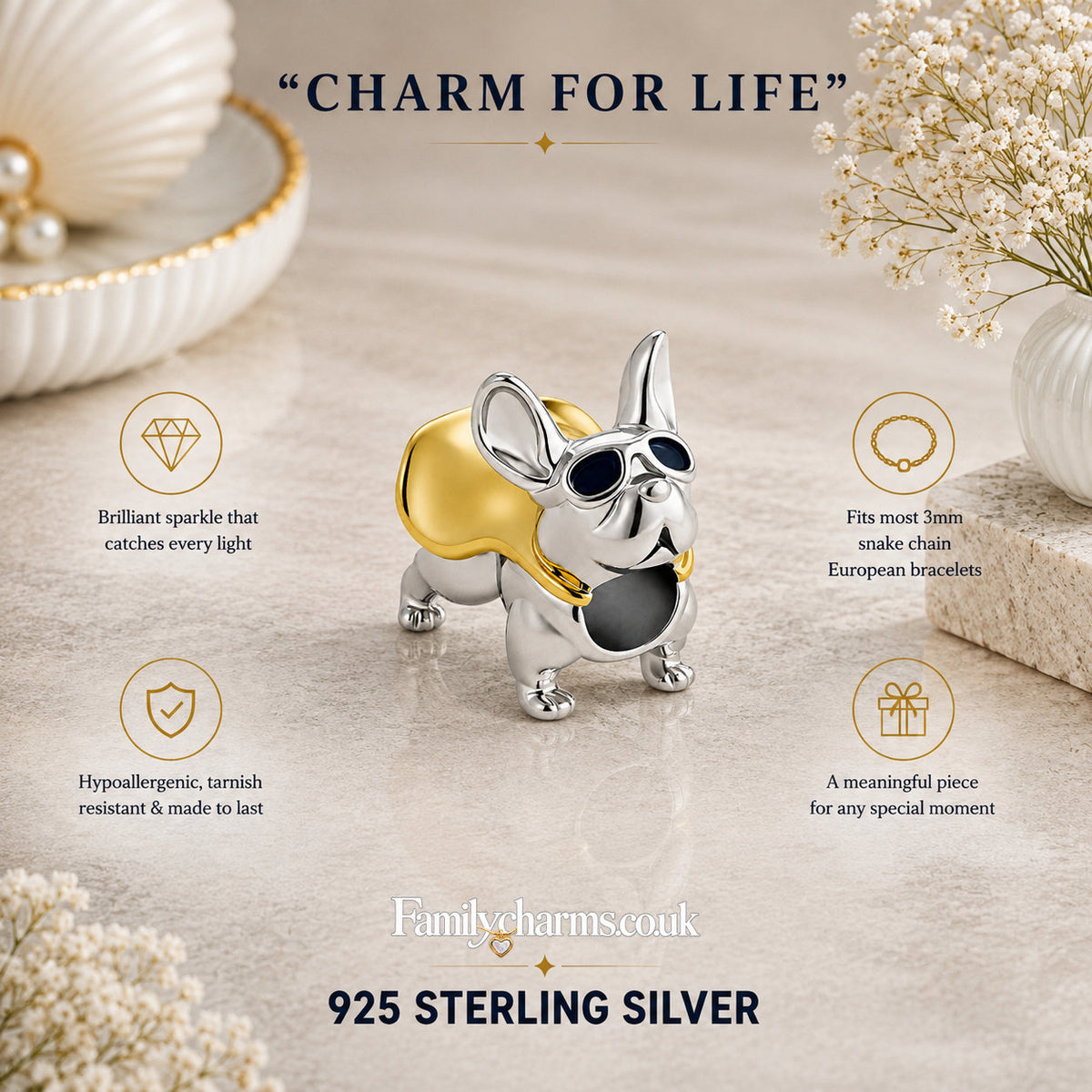 Super French Bulldog Puppy Pet Charm for Bracelet, S925 Sterling Silver