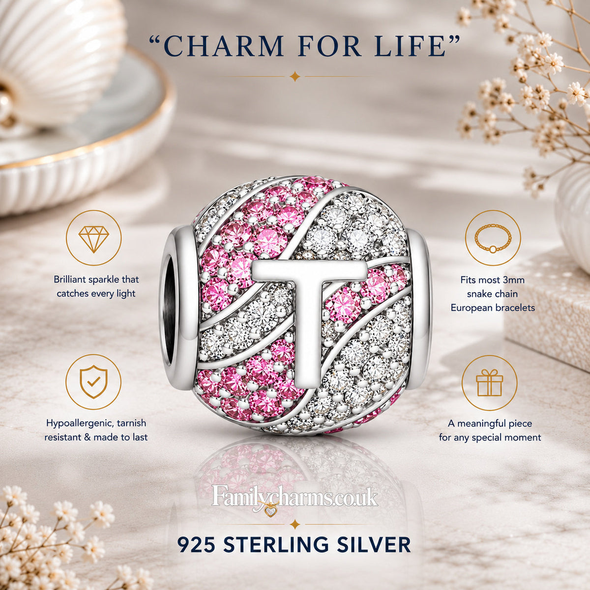Alphabets Letter T Sterling Silver Charm Hallmarked S925 for Charm Bracelet and Necklace