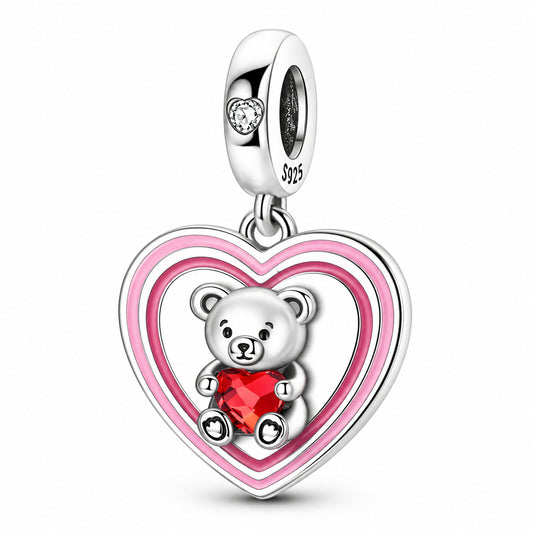 S925 Sterling Silver Teddy Bear Heart Charm For Bracelets