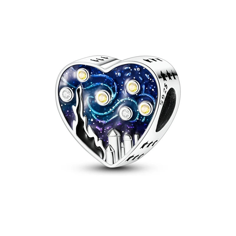 The Starry Night Heart Sterling Silver Charm Hallmarked S925 for Charm Bracelet and Necklace