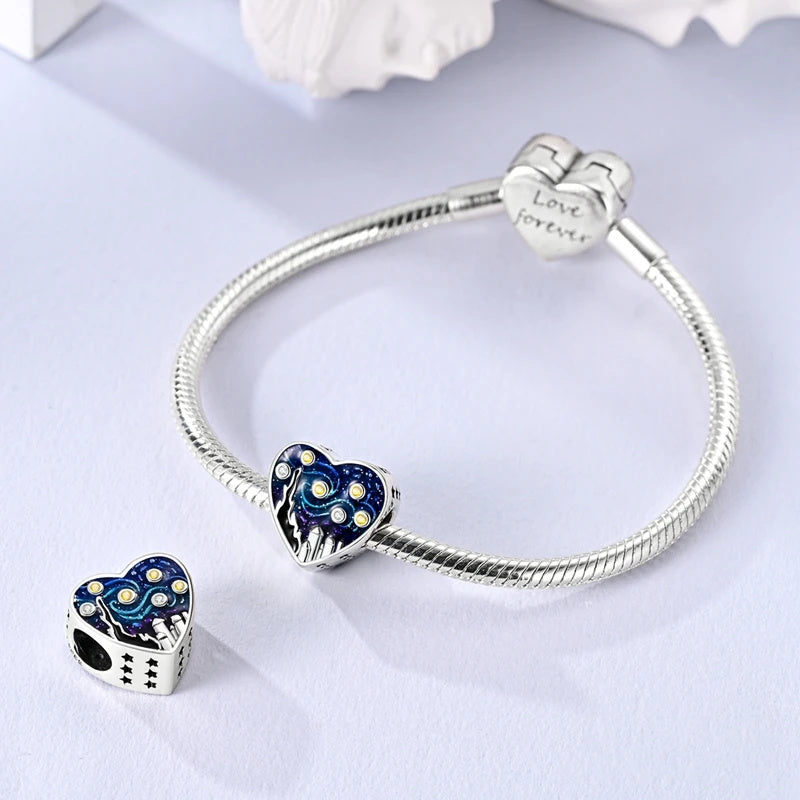 The Starry Night Heart Sterling Silver Charm Hallmarked S925 for Charm Bracelet and Necklace
