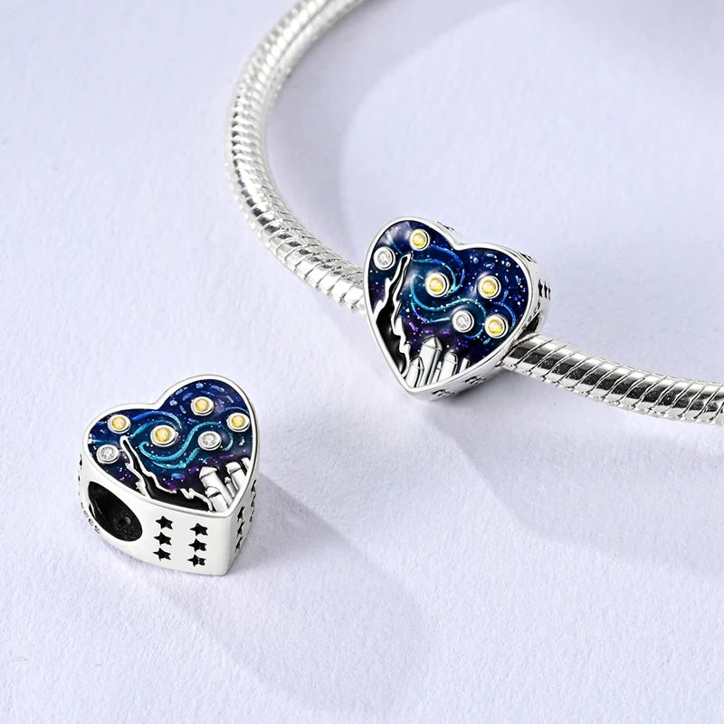 The Starry Night Heart Sterling Silver Charm Hallmarked S925 for Charm Bracelet and Necklace
