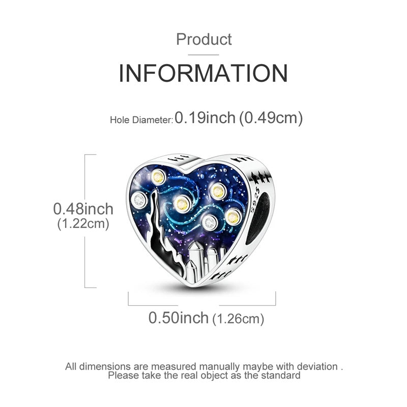 The Starry Night Heart Sterling Silver Charm Hallmarked S925 for Charm Bracelet and Necklace