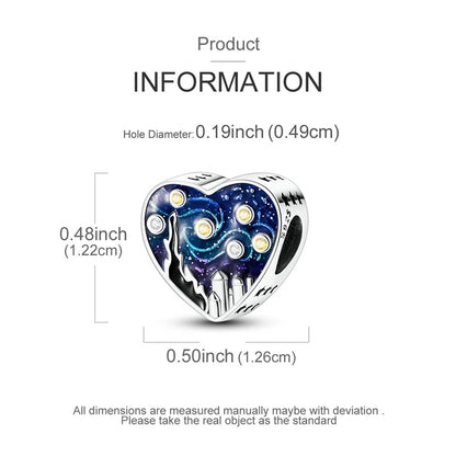 The Starry Night Heart Sterling Silver Charm Hallmarked S925 for Charm Bracelet and Necklace