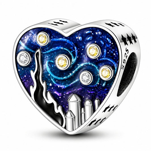 The Starry Night Heart Sterling Silver Charm Hallmarked S925 for Charm Bracelet and Necklace