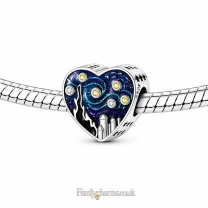 The Starry Night Heart Sterling Silver Charm Hallmarked S925 for Charm Bracelet and Necklace