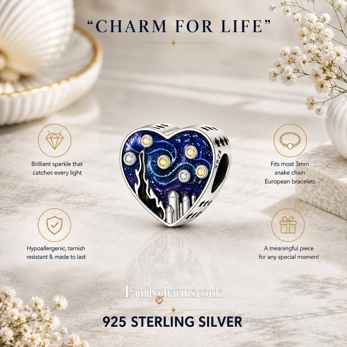 The Starry Night Heart Sterling Silver Charm Hallmarked S925 for Charm Bracelet and Necklace