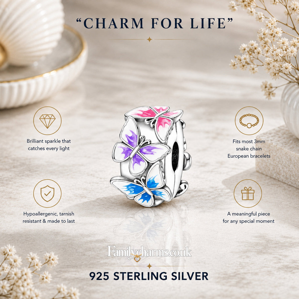 Three Butterflies Clip Sterling Silver Charm Hallmarked S925 for Charm Bracelet and Necklace