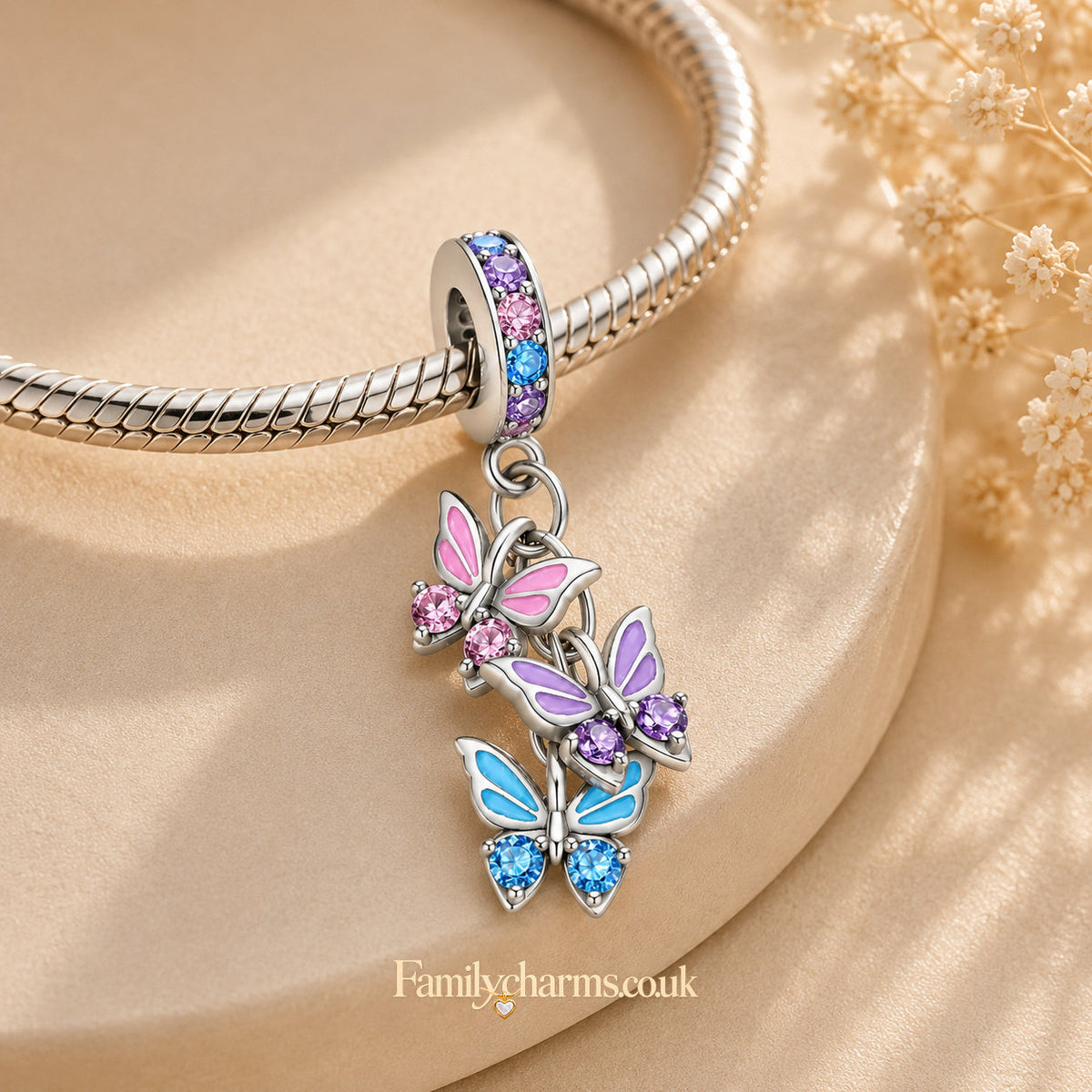 Three Butterflies Dangle Sterling Silver Charm Hallmarked S925 for Charm Bracelet and Necklace