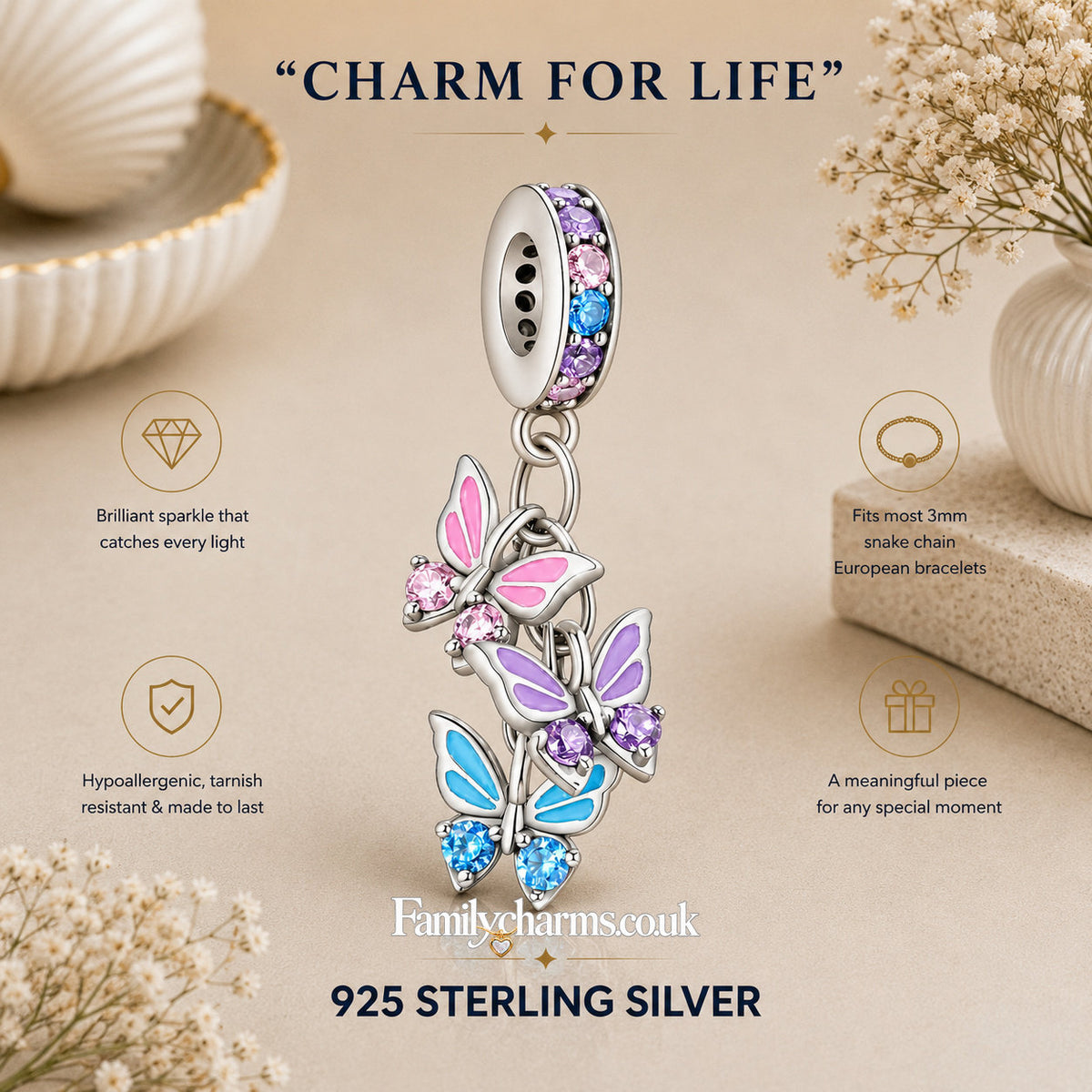 Three Butterflies Dangle Sterling Silver Charm Hallmarked S925 for Charm Bracelet and Necklace