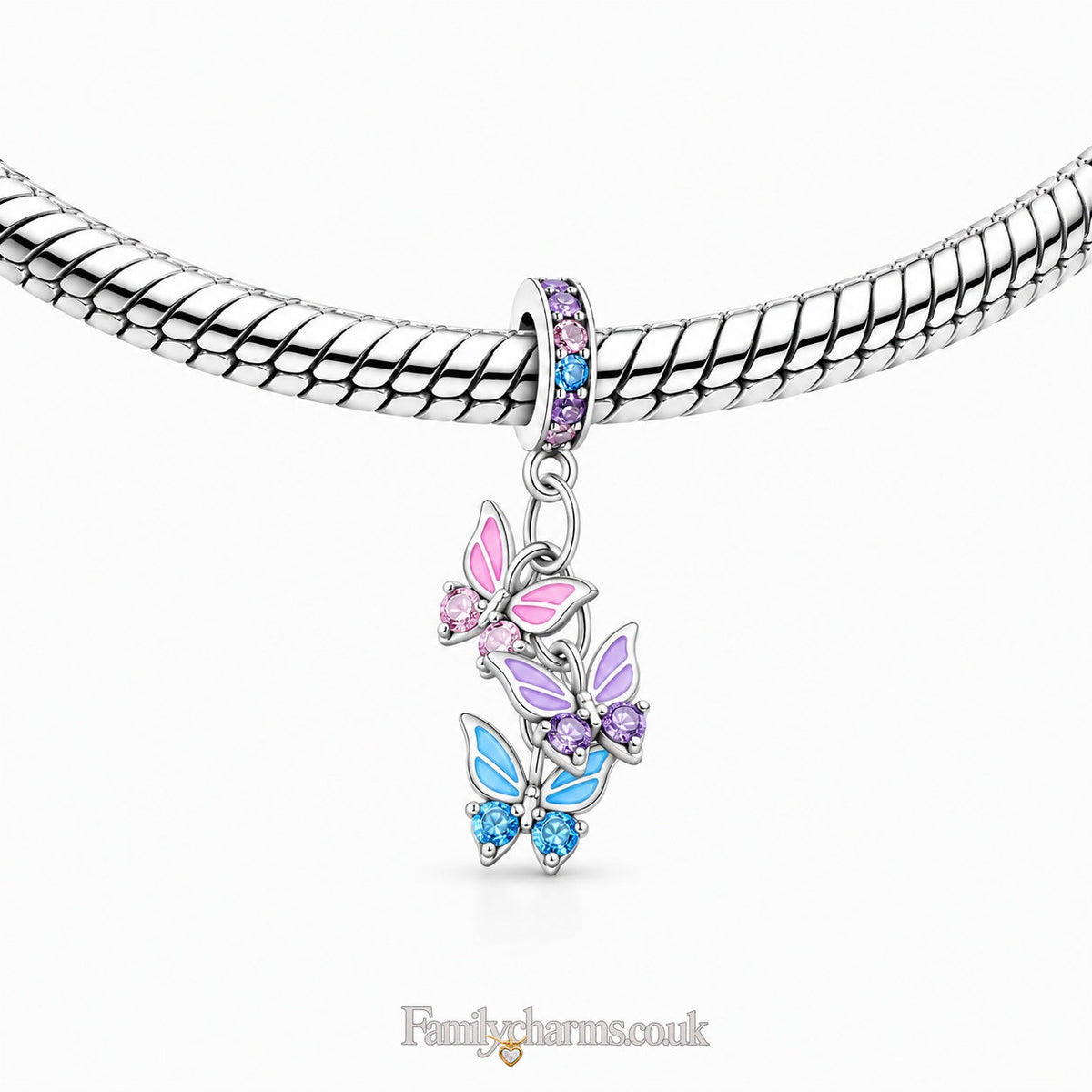 Three Butterflies Dangle Sterling Silver Charm Hallmarked S925 for Charm Bracelet and Necklace