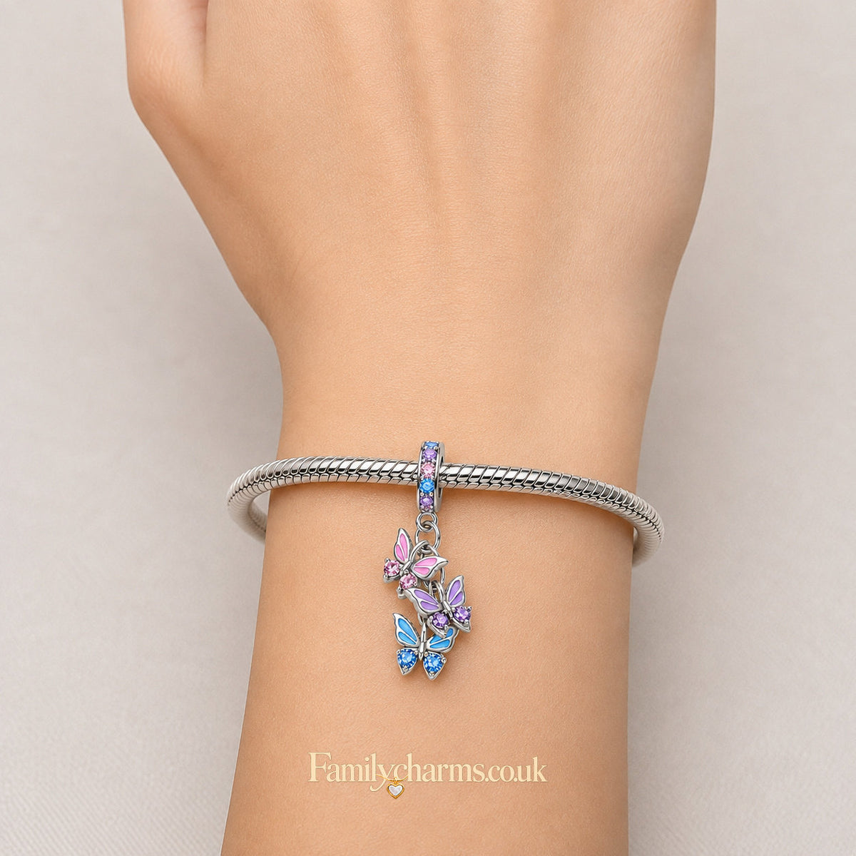 Three Butterflies Dangle Sterling Silver Charm Hallmarked S925 for Charm Bracelet and Necklace