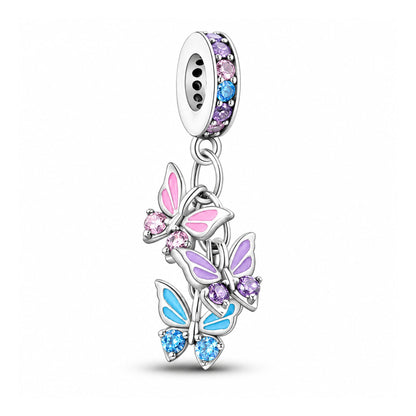 Three Butterflies Dangle Sterling Silver Charm Hallmarked S925 for Charm Bracelet and Necklace