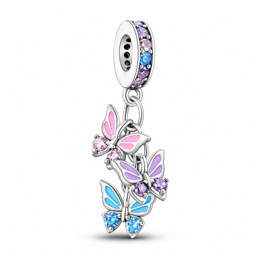 Three Butterflies Dangle Sterling Silver Charm Hallmarked S925 for Charm Bracelet and Necklace