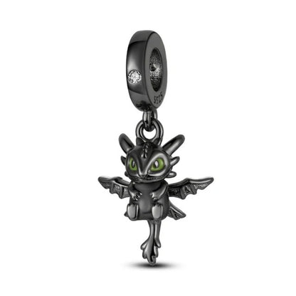 Toothless Black Dragon Charm for Bracelet, S925 Sterling Silver