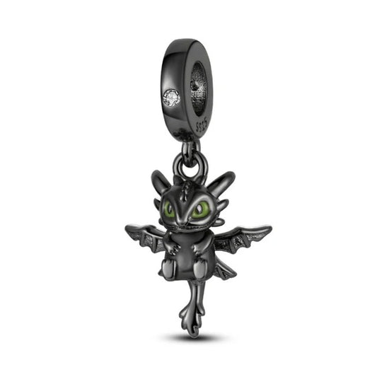 Toothless Black Dragon Charm for Bracelet, S925 Sterling Silver