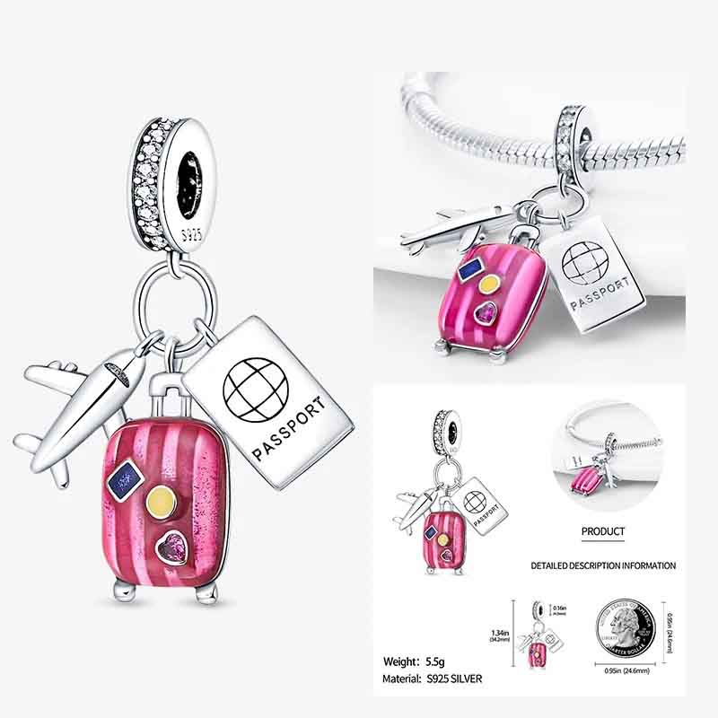 Travel Holiday Dangle Charm for Bracelet, S925 Sterling Silver
