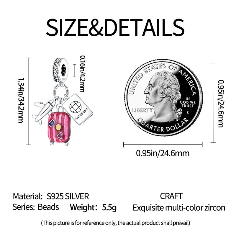 Travel Holiday Dangle Charm for Bracelet, S925 Sterling Silver