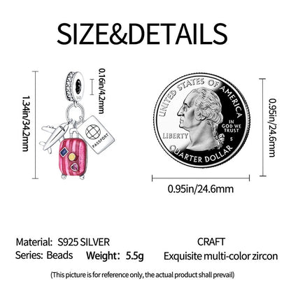 Travel Holiday Dangle Sterling Silver Charm Hallmarked S925 for Charm Bracelet and Necklace