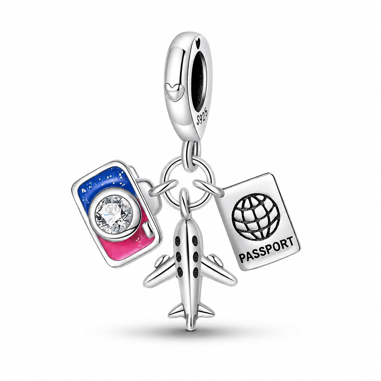 Travel Airplane Passport Sterling Silver Charm Hallmarked S925 for Charm Bracelet and Necklace