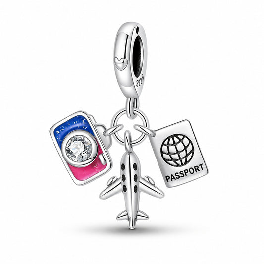 Travel Airplane Passport Sterling Silver Charm Hallmarked S925 for Charm Bracelet and Necklace