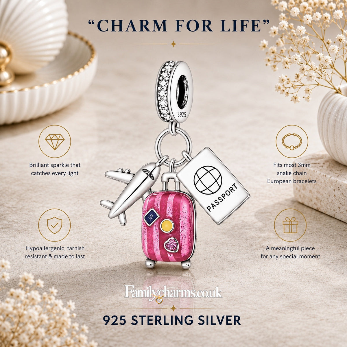 Travel Holiday Dangle Sterling Silver Charm Hallmarked S925 for Charm Bracelet and Necklace