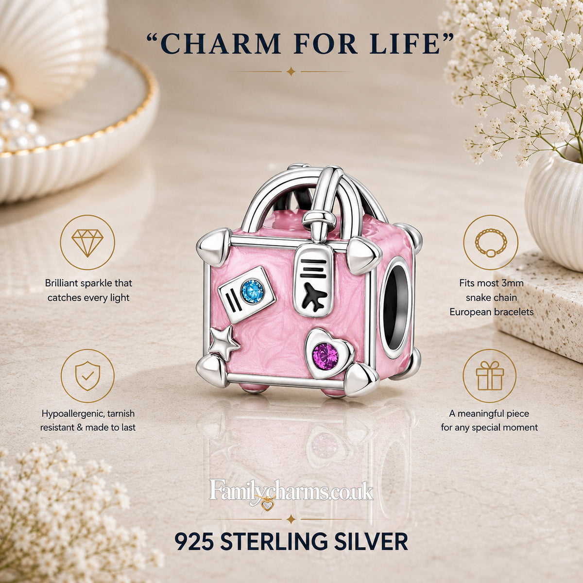 Travel Suitcase Luggage Bag Charm Hallmarked S925 for Charm Bracelet and Necklace