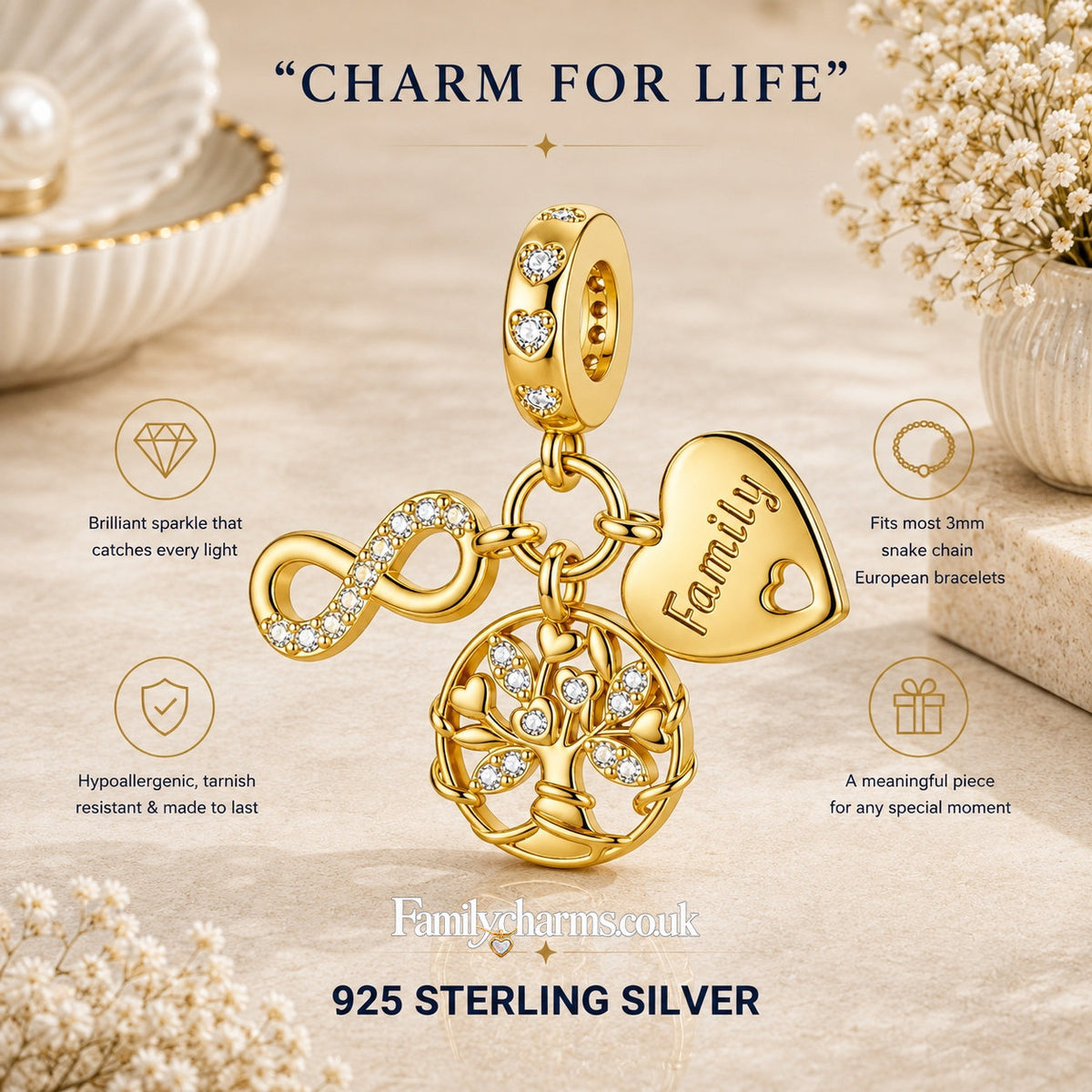 Family Tree Sterling Silver Charm Hallmarked S925 for Charm Bracelet and Necklace
