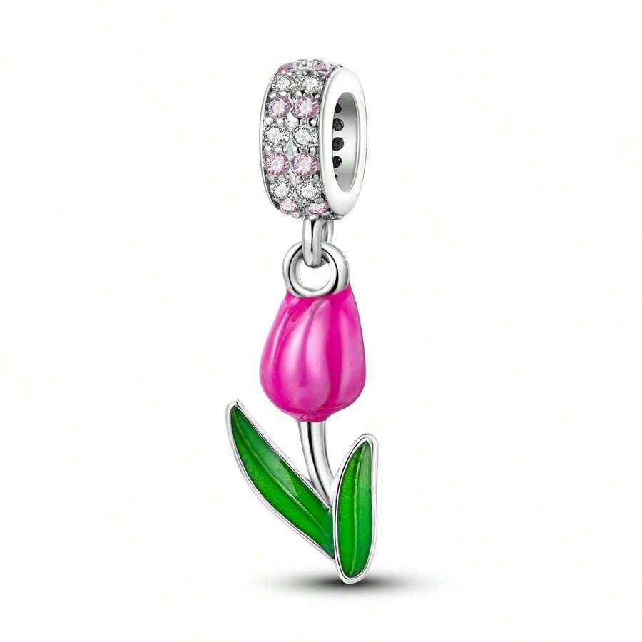 Tulip Flower Dangle Charm for Bracelet, S925 Sterling Silver