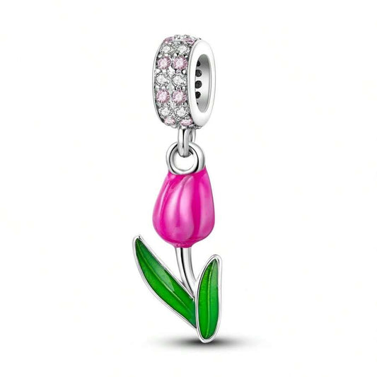 Tulip Flower Dangle Charm for Bracelet, S925 Sterling Silver