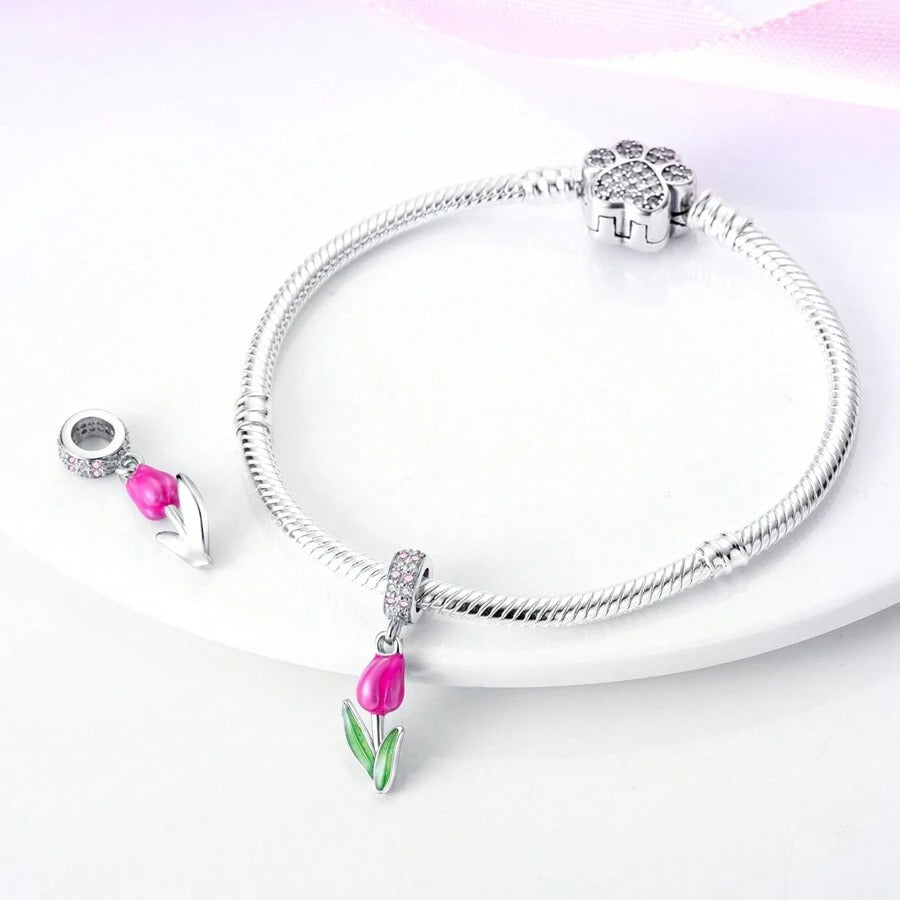 Tulip Flower Dangle Charm for Bracelet, S925 Sterling Silver