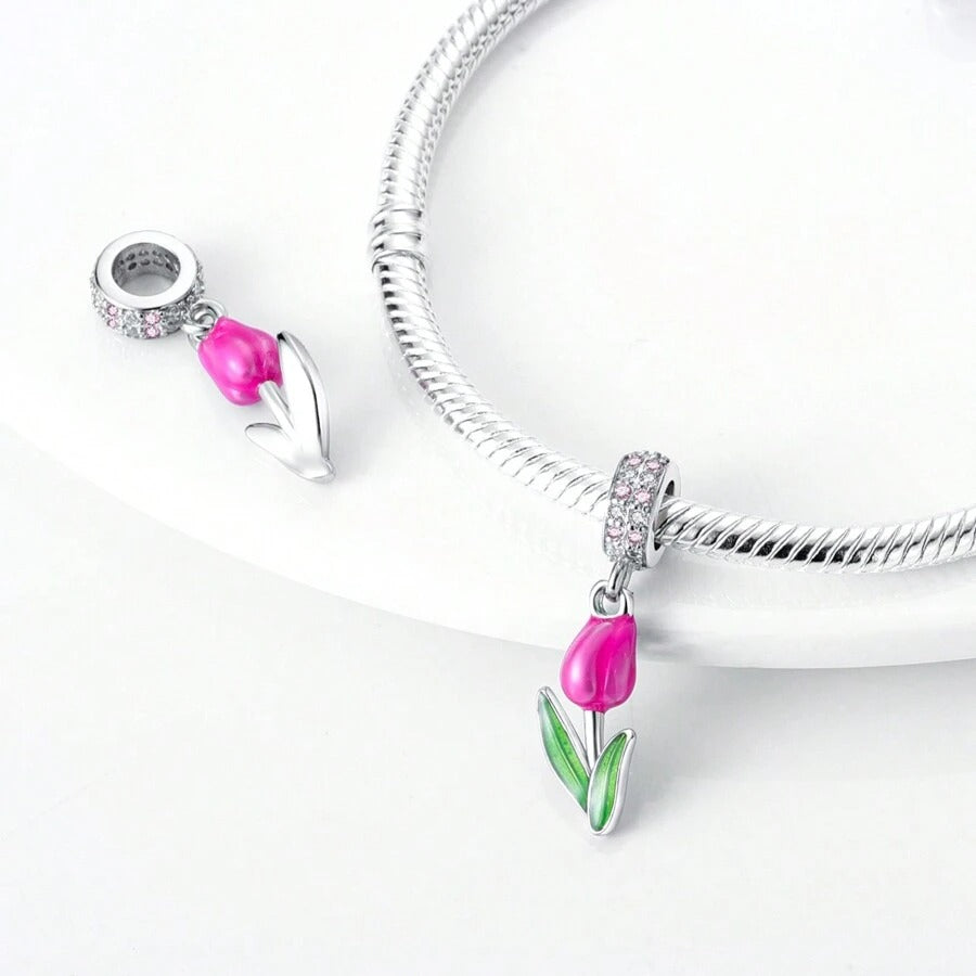 Tulip Flower Dangle Charm for Bracelet, S925 Sterling Silver