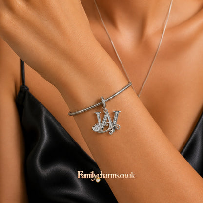Classic Alphabet Letters A to Z Sterling Silver Dangle Charm Hallmarked S925 for Charm Bracelet and Necklace