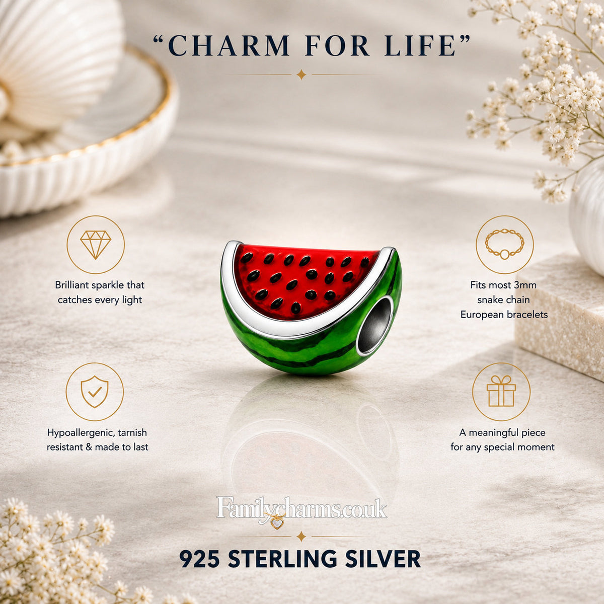 Watermelon Charm for Bracelet, S925 Sterling Silver