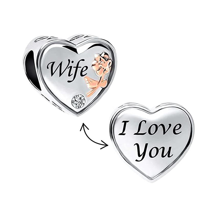 Wife I Love You Heart Charm for Bracelet, S925 Sterling Silver