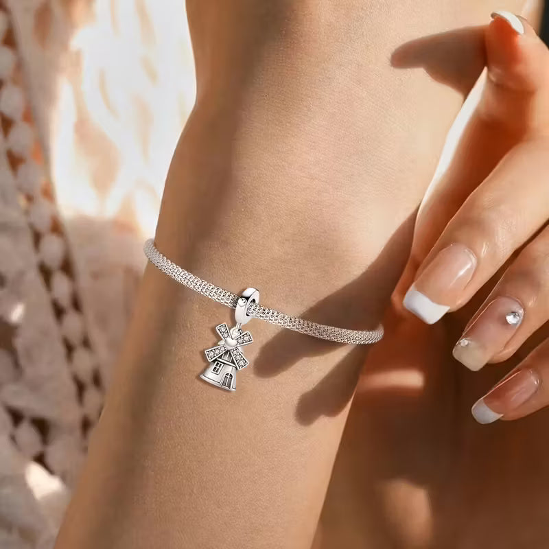 Windmill Dangle Sterling Silver Charm Hallmarked S925 for Charm Bracelet and Necklace