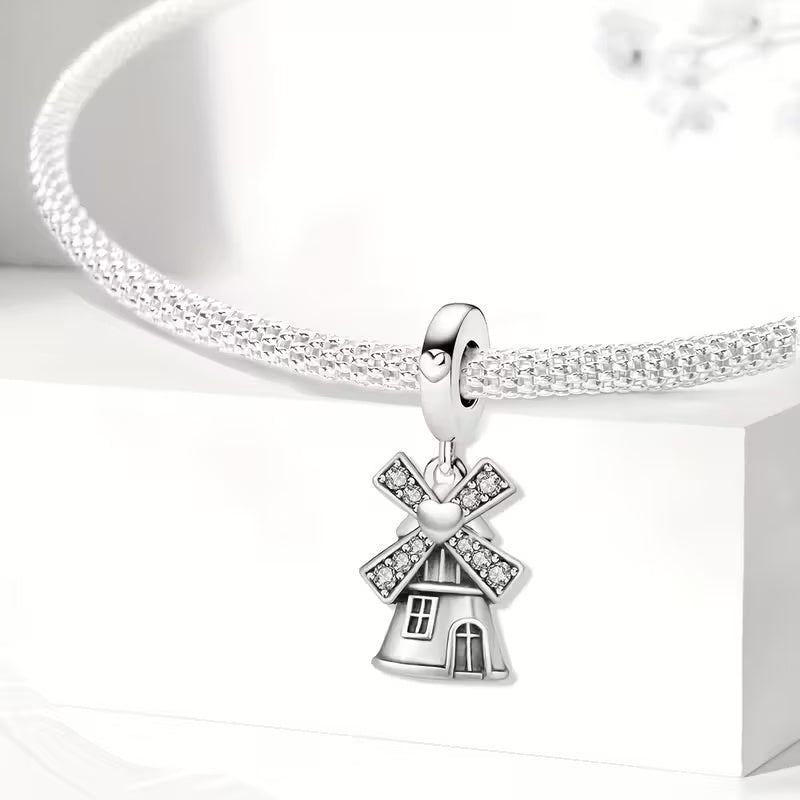 Windmill Dangle Sterling Silver Charm Hallmarked S925 for Charm Bracelet and Necklace