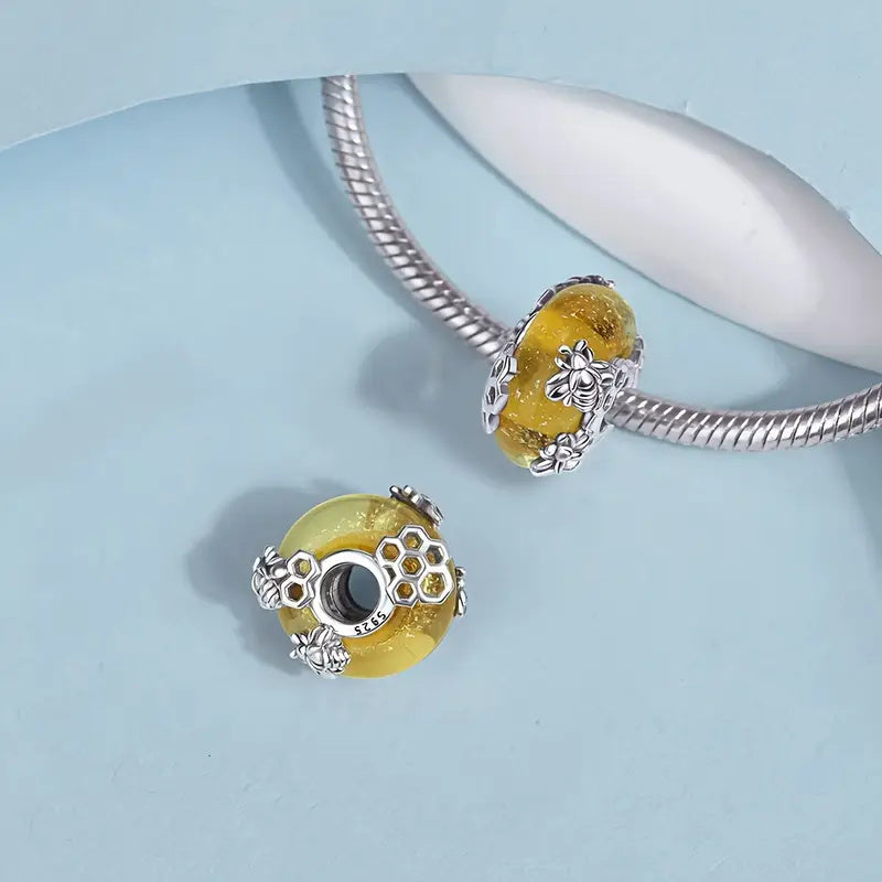 Yellow Murano Glass Bead Bee Sterling Silver Charm Hallmarked S925 for Charm Bracelet and Necklace