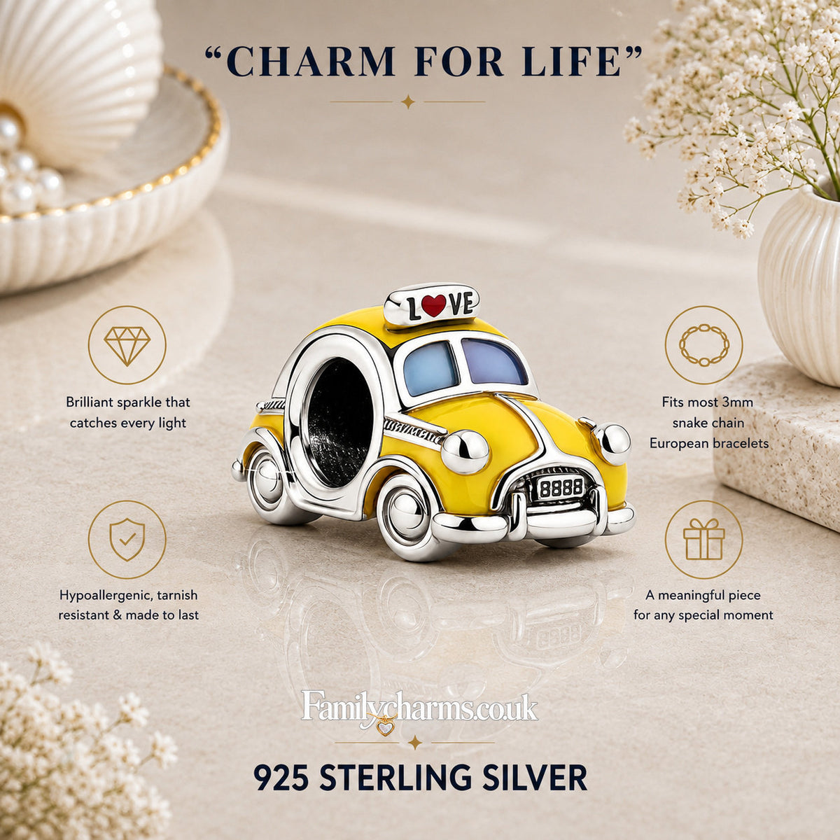 Yellow Car Charm Hallmarked S925 for Charm Bracelet and Necklace