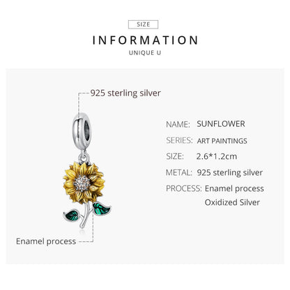 Yellow & Green Stemmed Sunflower Sterling Silver Charm Hallmarked S925 for Charm Bracelet and Necklace