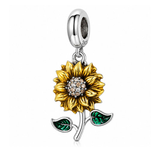 Yellow & Green Stemmed Sunflower Sterling Silver Charm Hallmarked S925 for Charm Bracelet and Necklace