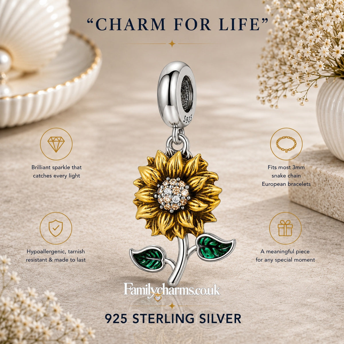 Yellow & Green Stemmed Sunflower Sterling Silver Charm Hallmarked S925 for Charm Bracelet and Necklace