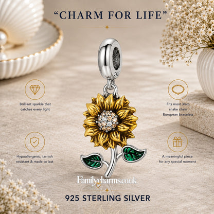 Yellow & Green Stemmed Sunflower Sterling Silver Charm Hallmarked S925 for Charm Bracelet and Necklace