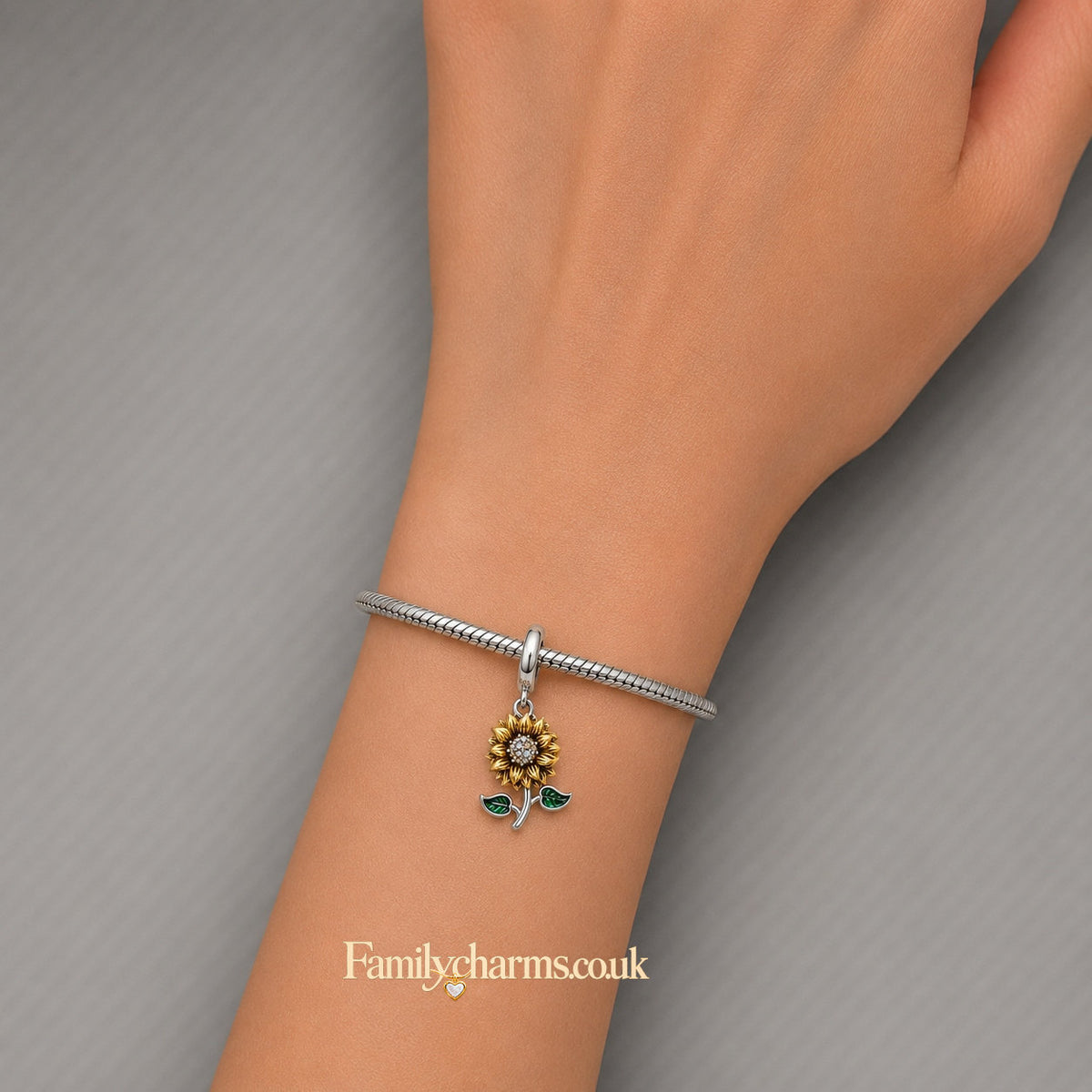 Yellow & Green Stemmed Sunflower Sterling Silver Charm Hallmarked S925 for Charm Bracelet and Necklace