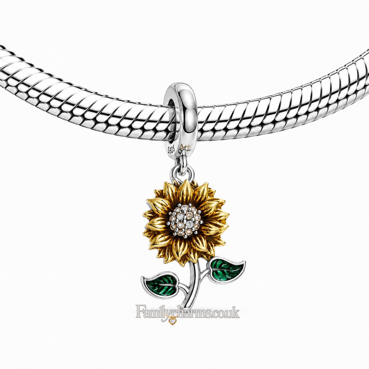 Yellow & Green Stemmed Sunflower Sterling Silver Charm Hallmarked S925 for Charm Bracelet and Necklace