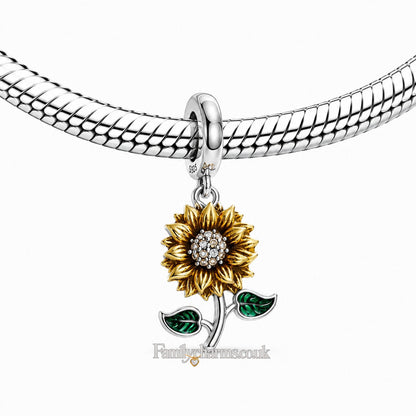 Yellow & Green Stemmed Sunflower Sterling Silver Charm Hallmarked S925 for Charm Bracelet and Necklace