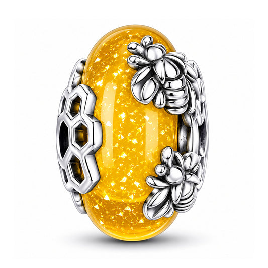 Yellow Murano Glass Bead Bee Sterling Silver Charm Hallmarked S925 for Charm Bracelet and Necklace