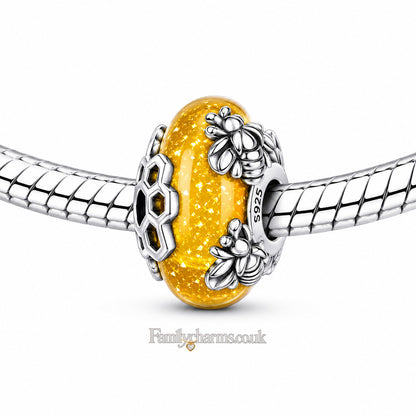Yellow Murano Glass Bead Bee Sterling Silver Charm Hallmarked S925 for Charm Bracelet and Necklace