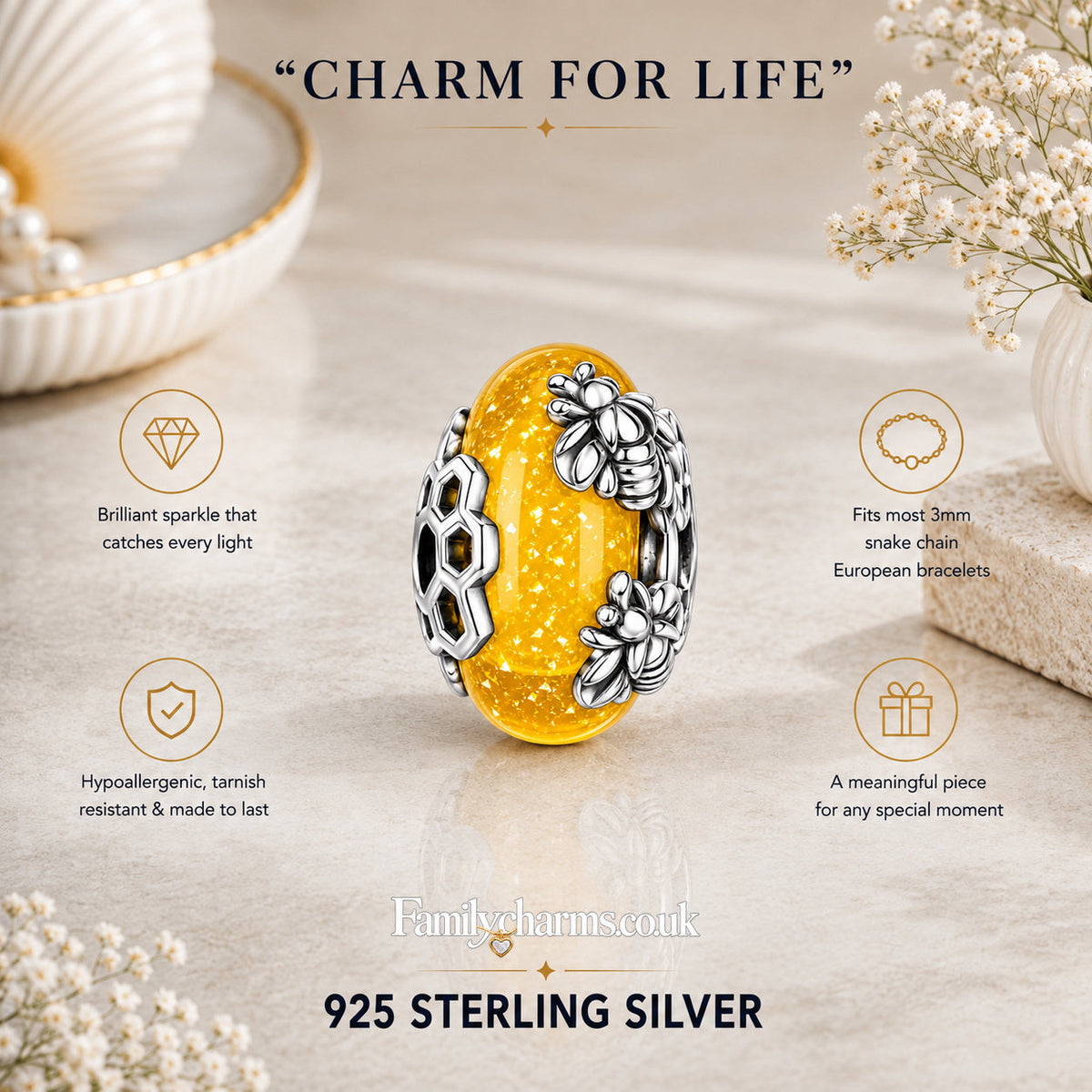 Yellow Murano Glass Bead Bee Sterling Silver Charm Hallmarked S925 for Charm Bracelet and Necklace